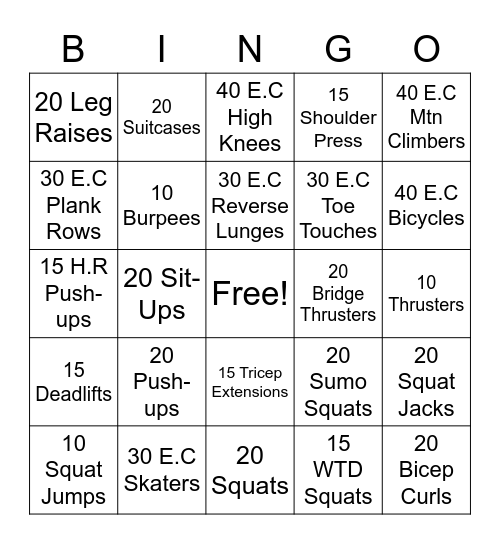 Phys ed Bingo Card