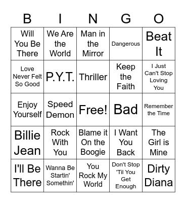 MJ Hit Bingo Card