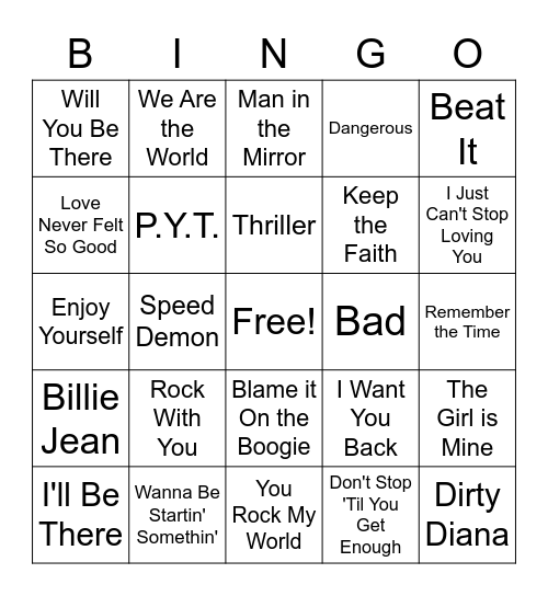 MJ Hit Bingo Card