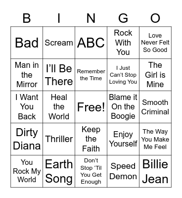 MJ Hit Bingo Card