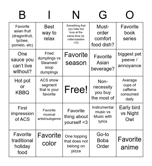 ACS Bingo Card