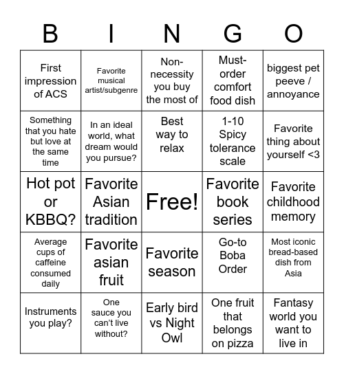 ACS Bingo!! Bingo Card