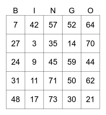 Lunch Call Numbers Bingo Card