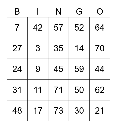 Lunch Call Numbers Bingo Card