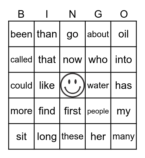 Sight Words Bingo Card