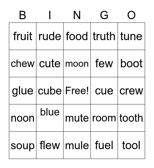 oo, ou, ew, ui Bingo  words Bingo Card