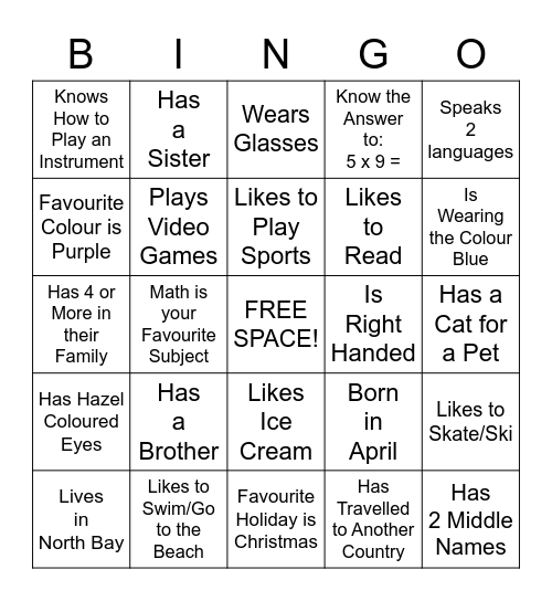 "Get to Know Me" Bingo Card