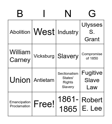 Sectionalism & Civil War Bingo Card