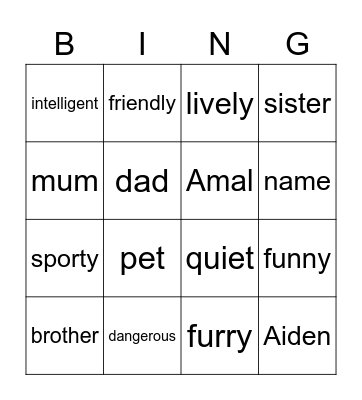 ENGLISH Bingo Card