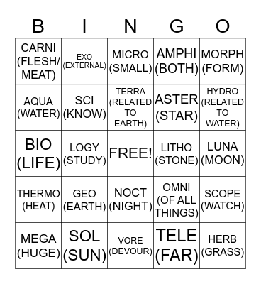 CALLOUT CARDS Bingo Card