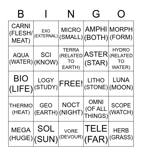 CALLOUT CARDS Bingo Card