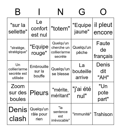 Koh Lanta Bingo Card