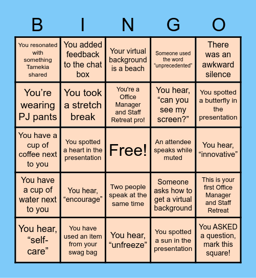 2021 Office Manager and Staff Retreat Bingo Card