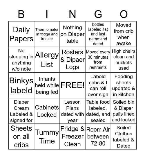 Licensing Bingo- Infants Bingo Card