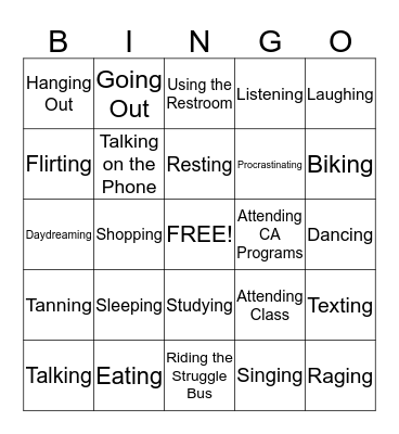 College Student Activities Bingo Card
