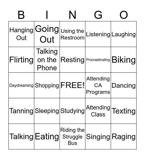 College Student Activities Bingo Card