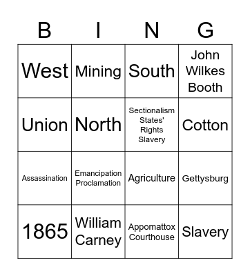 Sectionalism & Civil War Bingo Card