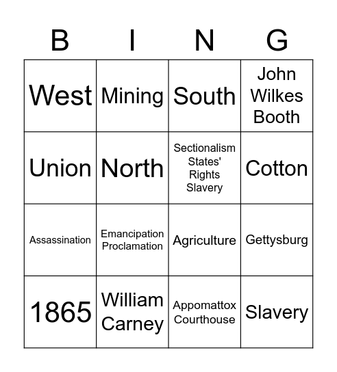 Sectionalism & Civil War Bingo Card