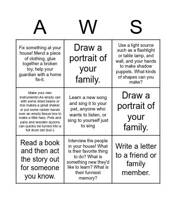 Screen Free Week Bingo Card