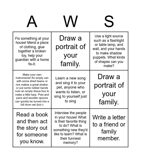 Screen Free Week Bingo Card