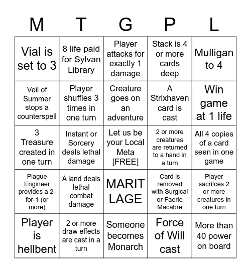 MTGPL Invitational 5/1 Bingo Card