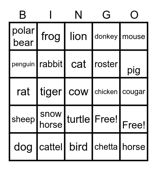 Animals Bingo Card