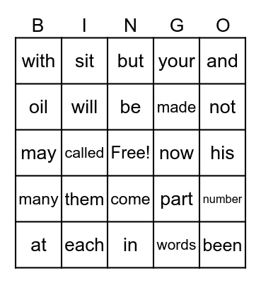 100 Sight Word Bingo Card