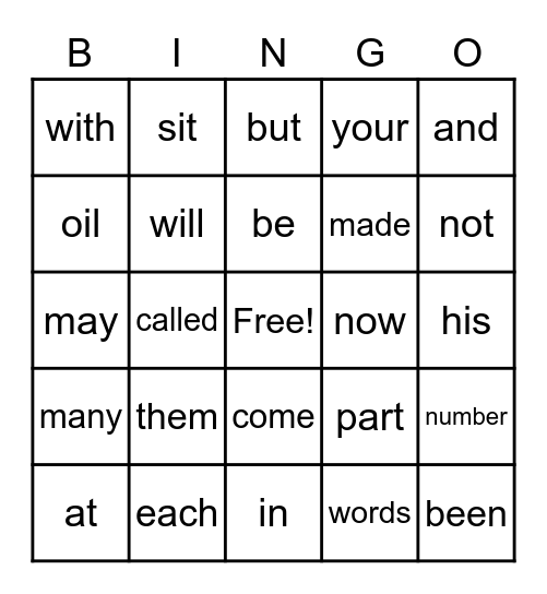 100 Sight Word Bingo Card