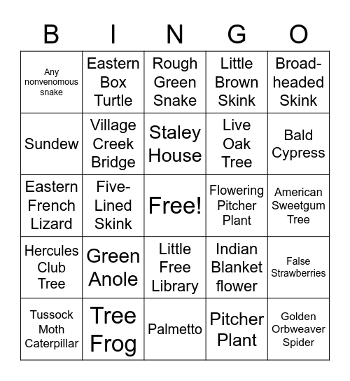 Big Thicket Nature Preserve Bingo Card