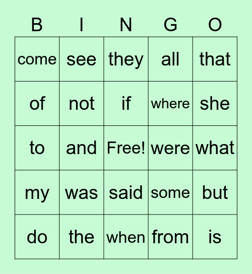 Sight word Bingo Card