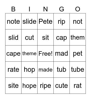 Vowel-Consonant-e Bingo Card