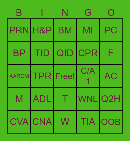 CNA Care Plan Abbreviations Bingo Card