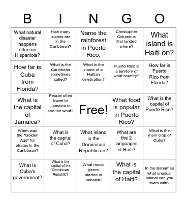 Caribbean Bingo Scavenger Hunt Bingo Card