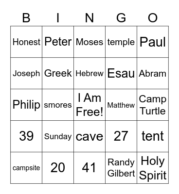 Family Camp Night Bingo Card