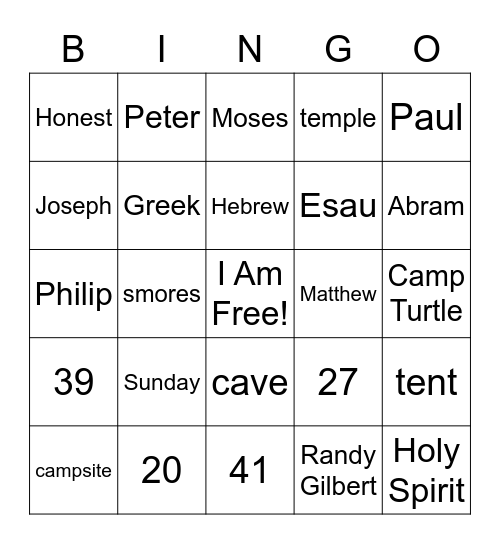 Family Camp Night Bingo Card