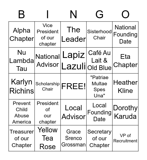 Sisterhood/National Info  Bingo Card