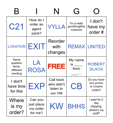 Customer Bingo Card