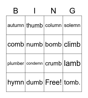mb and mn as /m/ Bingo Card