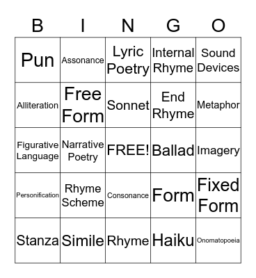 Poetry Bingo Card