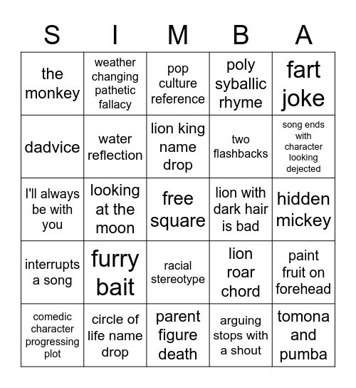 LION KING 2 BINGO Card