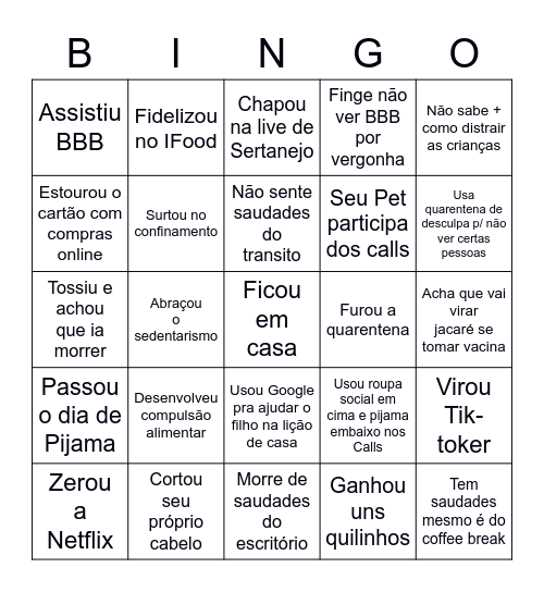 BINGO DA QUARENTENA Bingo Card
