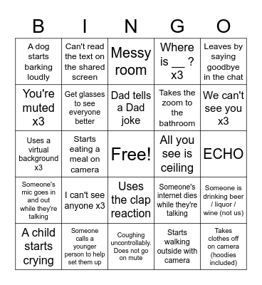 Zoom Reunion Bingo Card