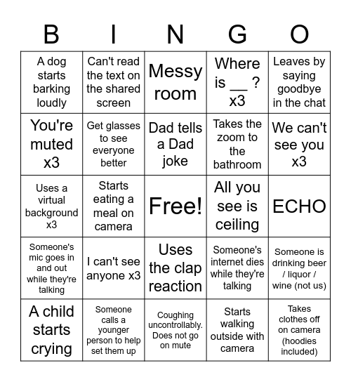 Zoom Reunion Bingo Card