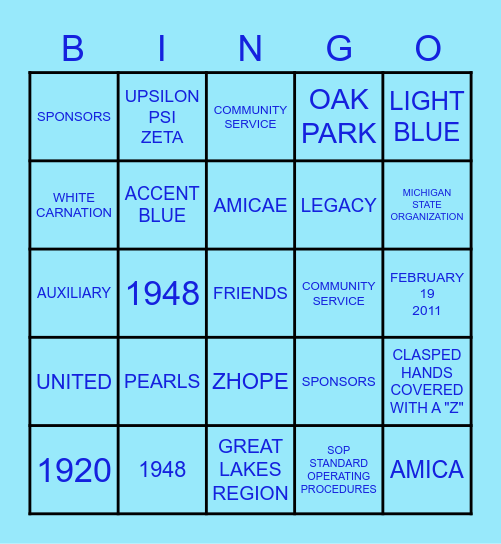 ZETA AMICAE OF OAK PARK AUXILIARY Bingo Card