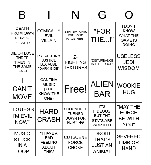 Jank Star Wars Stream BINGO Card