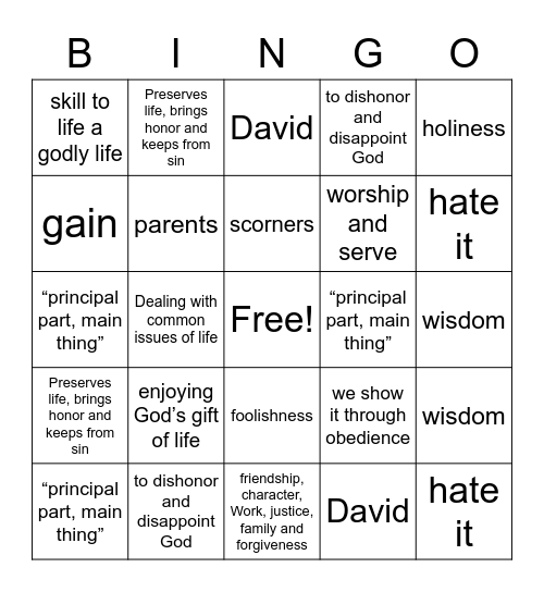 Review- Overview to Proverbs and L.24,26 and 27 Bingo Card