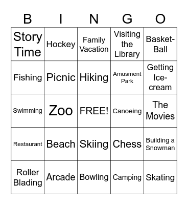 Family Activities Bingo Card