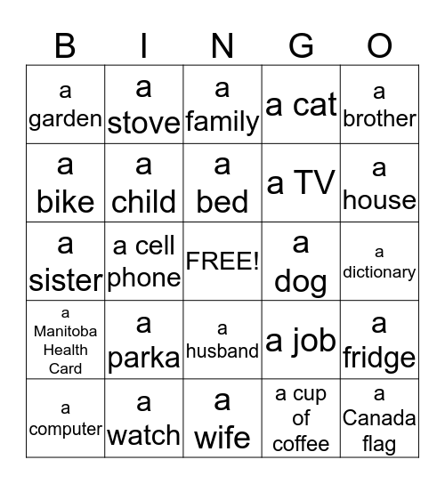 Do you have . . .? Bingo Card