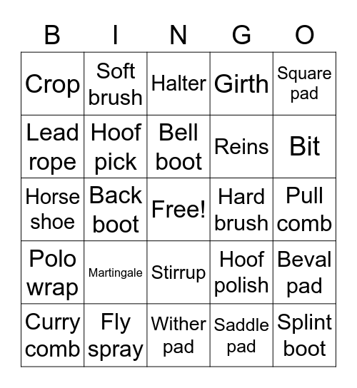 Horse Tack Bingo Card