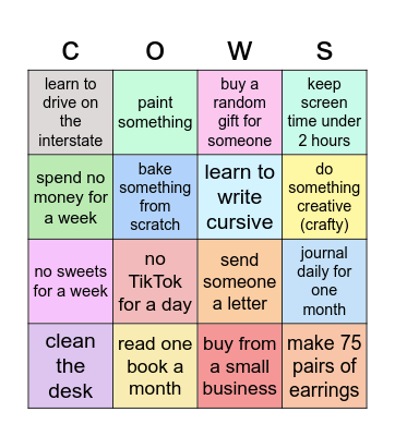 3 month bingo Card